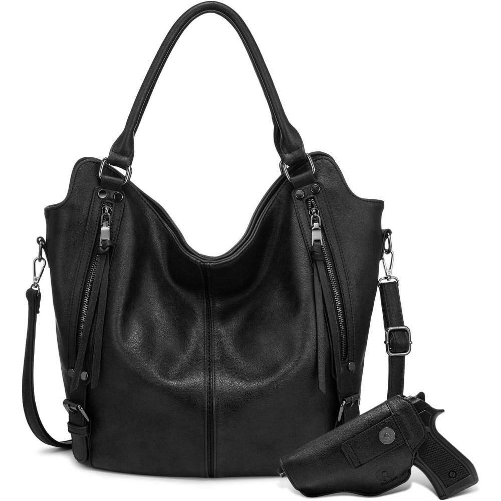 imageConcealed Carry Hobo Purse for Women Faux Leather Crossbody Shoulder Bags Large Tote Bag with Detachable HolsterBlack