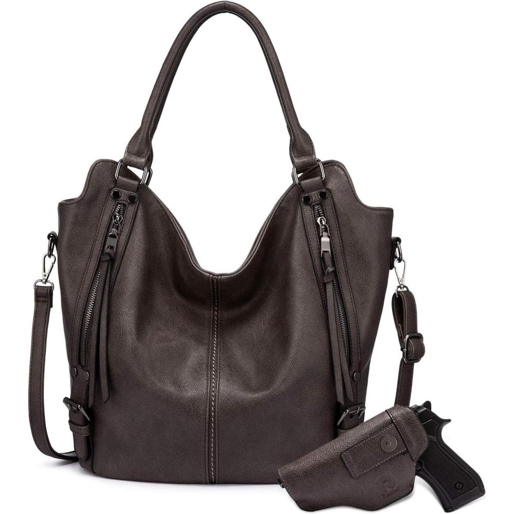 imageConcealed Carry Hobo Purse for Women Faux Leather Crossbody Shoulder Bags Large Tote Bag with Detachable HolsterCoffee