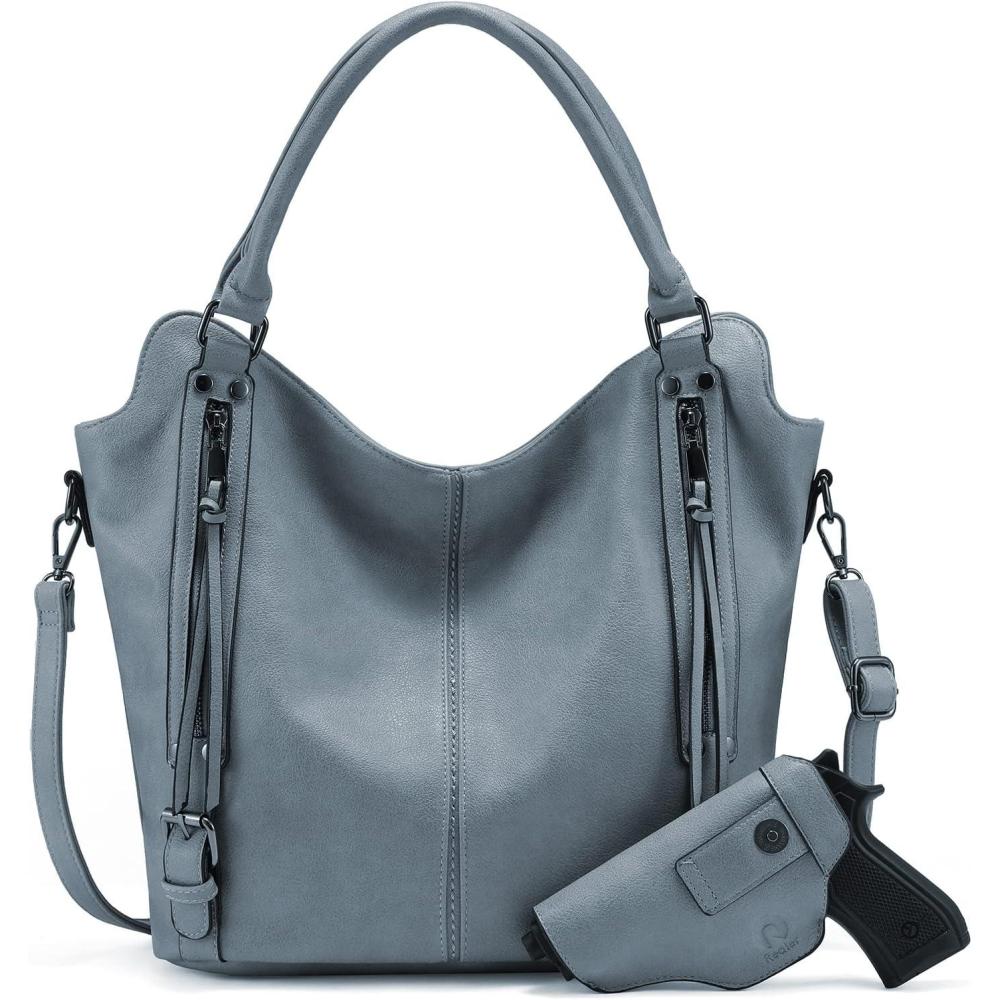 imageConcealed Carry Hobo Purse for Women Faux Leather Crossbody Shoulder Bags Large Tote Bag with Detachable HolsterLight Blue
