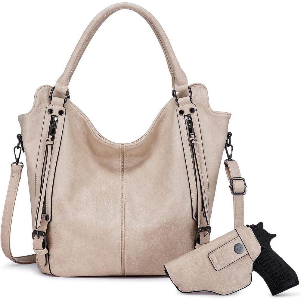 imageConcealed Carry Hobo Purse for Women Faux Leather Crossbody Shoulder Bags Large Tote Bag with Detachable HolsterNude