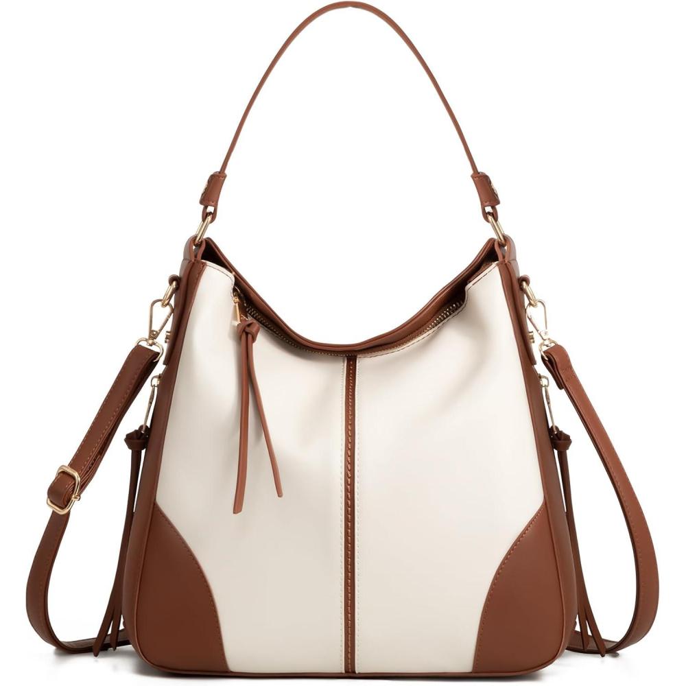 imageRealer Hobo Crossbody Bags for Women Designer Faux Leather Hobo Handbags Retro Large Size Shoulder Bag Bucket PurseWhiteBrown