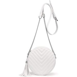 Crossbody Bags for Women Round Purse Quilted purse, Faux Leather, with Tassel(White)