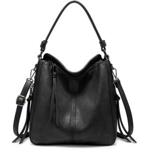 Realer Hobo Crossbody Bags for Women Designer Faux Leather Hobo Handbags Retro Large Size Shoulder Bag Bucket Purse(Black-gun Black Hardware(12.4″))