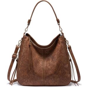 Realer Hobo Crossbody Bags for Women Designer Faux Leather Hobo Handbags Retro Large Size Shoulder Bag Bucket Purse(Brown Flower)
